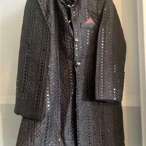 Black Sequin Embellished Long Coat sherwani